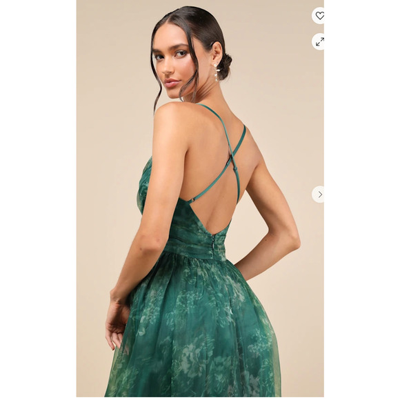 Lulus Romance That Wows Dark Green Floral Print Organza Maxi Dress Size S - Picture 9 of 14